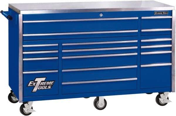 EXTREME TOOLS - 17 Drawer Steel Tool Roller Cabinet - 72" Wide x 46-3/4" High x 30" Deep, Ball Bearing Drawer Slides, Blue - Americas Industrial Supply