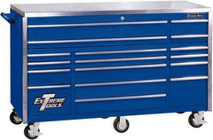 EXTREME TOOLS - 17 Drawer Steel Tool Roller Cabinet - 72" Wide x 46-3/4" High x 30" Deep, Ball Bearing Drawer Slides, Blue - Americas Industrial Supply