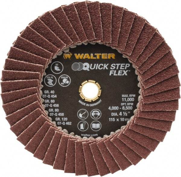 WALTER Surface Technologies - 60 Grit, 4-1/2" Disc Diam, Type 29 Aluminum Oxide Flap Disc - 11,000 Max RPM, Fiber Backing, Arbor Attaching System, Coated - Americas Industrial Supply
