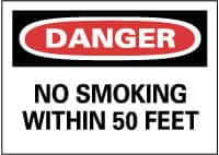 NMC - "Danger - No Smoking Within 50 Feet", 7" Long x 10" Wide, Pressure-Sensitive Vinyl Safety Sign - Rectangle, 0.004" Thick, Use for Accident Prevention - Americas Industrial Supply