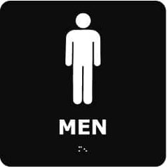 NMC - Men, 8" Wide x 8" High, Plastic Sign - English, Braille, White on Black, Wall Mount - Americas Industrial Supply