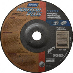 Norton - 24 Grit, 7" Wheel Diam, 1/4" Wheel Thickness, 7/8" Arbor Hole, Type 27 Depressed Center Wheel - Ceramic, 8,600 Max RPM, Compatible with Angle Grinder - Americas Industrial Supply