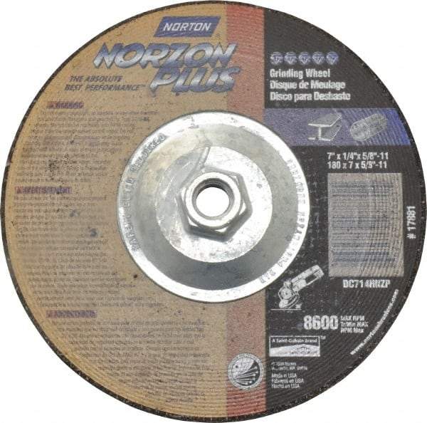 Norton - 24 Grit, 7" Wheel Diam, 1/4" Wheel Thickness, Type 27 Depressed Center Wheel - Ceramic, 8,600 Max RPM, Compatible with Angle Grinder - Americas Industrial Supply