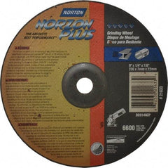 Norton - 24 Grit, 9" Wheel Diam, 1/4" Wheel Thickness, 7/8" Arbor Hole, Type 27 Depressed Center Wheel - Ceramic, 6,600 Max RPM, Compatible with Angle Grinder - Americas Industrial Supply