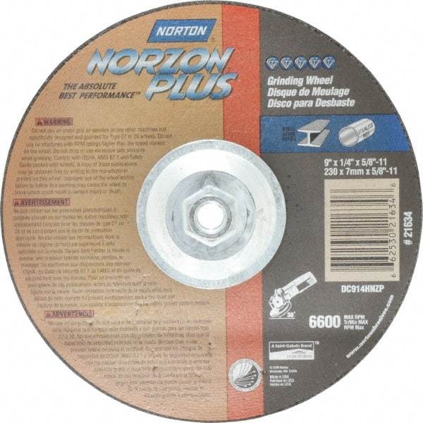 Norton - 24 Grit, 9" Wheel Diam, 1/4" Wheel Thickness, Type 27 Depressed Center Wheel - Ceramic, 6,600 Max RPM, Compatible with Angle Grinder - Americas Industrial Supply