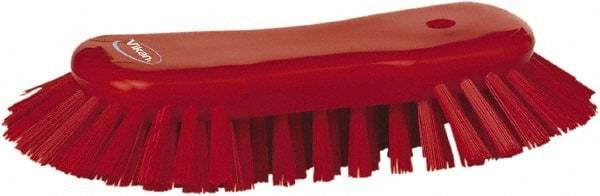 Vikan - 1.3" Bristle Length, Polyester Utility Scrub Brush - 7-3/4" Long x 3" Wide Head, 8" OAL, European Threaded Handle, Red, Polypropylene Block - Americas Industrial Supply