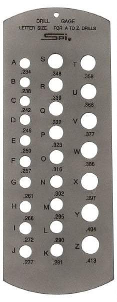 SPI - A Letter to Z Letter Hole Size Drill Gage - 6 Inch Long, 2-1/2 Inch Wide, 26 Holes - Americas Industrial Supply