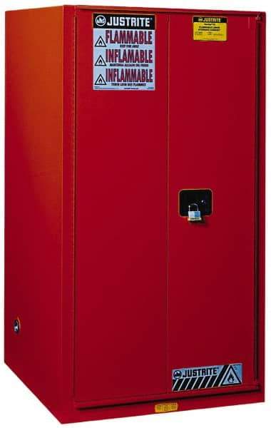 Justrite - 2 Door, 5 Shelf, Red Steel Standard Safety Cabinet for Flammable and Combustible Liquids - 65" High x 34" Wide x 34" Deep, Manual Closing Door, 3 Point Key Lock, 96 Gal Capacity - Americas Industrial Supply