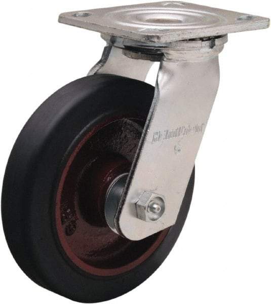 Hamilton - 6" Diam x 1-1/2" Wide x 7-1/2" OAH Top Plate Mount Swivel Caster - Rubber Mold on Cast Iron, 280 Lb Capacity, Straight Roller Bearing, 4 x 4-1/2" Plate - Americas Industrial Supply