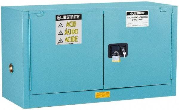 Justrite - 2 Door, 1 Shelf, Blue Steel Stackable Safety Cabinet for Corrosive Chemicals - 24" High x 43" Wide x 18" Deep, Manual Closing Door, 17 Gal Capacity - Americas Industrial Supply
