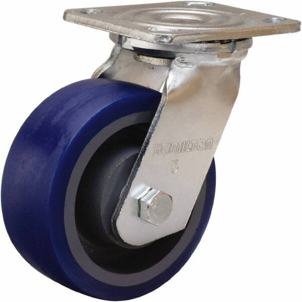 Hamilton - 5" Diam x 2" Wide x 6-1/2" OAH Top Plate Mount Swivel Caster - Polyurethane Mold onto Cast Iron Center, 840 Lb Capacity, Sealed Precision Ball Bearing, 4 x 4-1/2" Plate - Americas Industrial Supply