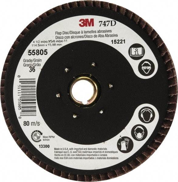 3M - 36 Grit, 4-1/2" Disc Diam, 5/8-11 Center Hole, Type 27 Ceramic Flap Disc - 13,300 Max RPM, Cloth Backing, Arbor Attaching System, Coated - Americas Industrial Supply