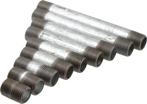 Made in USA - 66 Piece, 1/2" Pipe, Galvanized Pipe Nipple Set - Schedule 40, (6) Close, (6) 1-1/2, (6) 2, (6) 2-1/2, (6) 3, (6) 3-1/2, (6) 4, (6) 4-1/2, (6) 5, (6) 5-1/2, (6) 6 - Americas Industrial Supply
