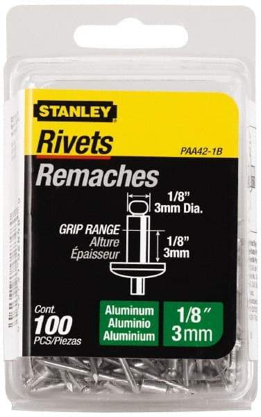 Stanley - Button Head Aluminum Color Coded Blind Rivet - Aluminum Mandrel, 0.062" to 1/8" Grip, 1/4" Head Diam, 0.125" to 0.133" Hole Diam, 0.275" Length Under Head, 1/8" Body Diam - Americas Industrial Supply