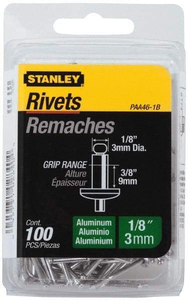 Stanley - Aluminum Color Coded Blind Rivet - Aluminum Mandrel, 0.313" to 3/8" Grip, 1/4" Head Diam, 0.125" to 0.133" Hole Diam, 0.525" Length Under Head, 1/8" Body Diam - Americas Industrial Supply