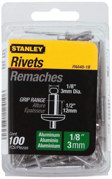 Stanley - Aluminum Color Coded Blind Rivet - Aluminum Mandrel, 3/8" to 1/2" Grip, 1/4" Head Diam, 0.125" to 0.133" Hole Diam, 0.65" Length Under Head, 1/8" Body Diam - Americas Industrial Supply