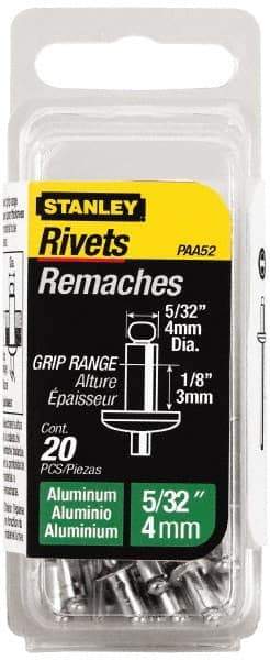 Stanley - Aluminum Color Coded Blind Rivet - Aluminum Mandrel, 0.031" to 1/8" Grip, 5/16" Head Diam, 0.156" to 0.164" Hole Diam, 0.3" Length Under Head, 5/32" Body Diam - Americas Industrial Supply