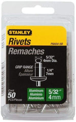 Stanley - Aluminum Color Coded Blind Rivet - Aluminum Mandrel, 0.188" to 1/4" Grip, 5/16" Head Diam, 0.156" to 0.164" Hole Diam, 0.425" Length Under Head, 5/32" Body Diam - Americas Industrial Supply