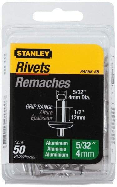 Stanley - Aluminum Color Coded Blind Rivet - Aluminum Mandrel, 3/8" to 1/2" Grip, 5/16" Head Diam, 0.156" to 0.164" Hole Diam, 0.675" Length Under Head, 5/32" Body Diam - Americas Industrial Supply