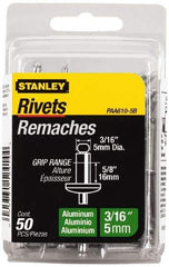 Stanley - Aluminum Color Coded Blind Rivet - Aluminum Mandrel, 1/2" to 5/8" Grip, 3/8" Head Diam, 0.188" to 0.196" Hole Diam, 0.825" Length Under Head, 3/16" Body Diam - Americas Industrial Supply