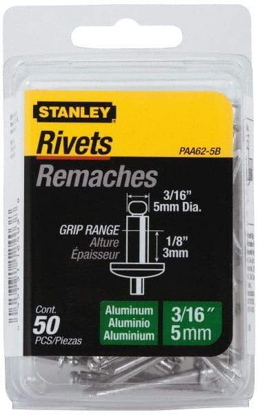 Stanley - Aluminum Color Coded Blind Rivet - Aluminum Mandrel, 0.032" to 1/8" Grip, 3/8" Head Diam, 0.188" to 0.196" Hole Diam, 0.325" Length Under Head, 3/16" Body Diam - Americas Industrial Supply