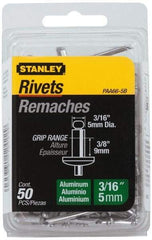 Stanley - Aluminum Color Coded Blind Rivet - Aluminum Mandrel, 0.313" to 3/8" Grip, 3/8" Head Diam, 0.188" to 0.196" Hole Diam, 0.575" Length Under Head, 3/16" Body Diam - Americas Industrial Supply