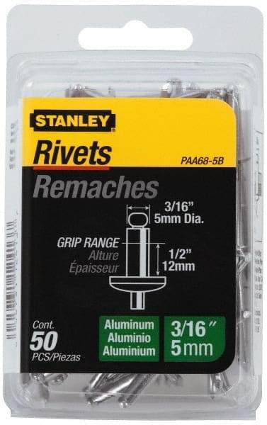 Stanley - Aluminum Color Coded Blind Rivet - Aluminum Mandrel, 3/8" to 1/2" Grip, 3/8" Head Diam, 0.188" to 0.196" Hole Diam, 0.7" Length Under Head, 3/16" Body Diam - Americas Industrial Supply