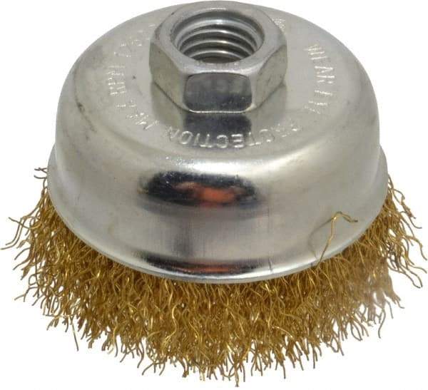 Value Collection - 2-3/4" Diam, 5/8-11 Threaded Arbor, Brass Fill Cup Brush - 0.014 Wire Diam, 7/8" Trim Length, 12,500 Max RPM - Americas Industrial Supply