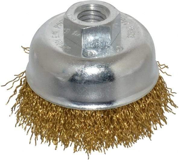 Value Collection - 2-3/4" Diam, 5/8-11 Threaded Arbor, Brass Fill Cup Brush - 0.02 Wire Diam, 7/8" Trim Length, 12,500 Max RPM - Americas Industrial Supply