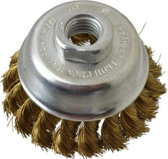 Value Collection - 2-3/4" Diam, 5/8-11 Threaded Arbor, Brass Fill Cup Brush - 0.014 Wire Diam, 3/4" Trim Length, 12,500 Max RPM - Americas Industrial Supply