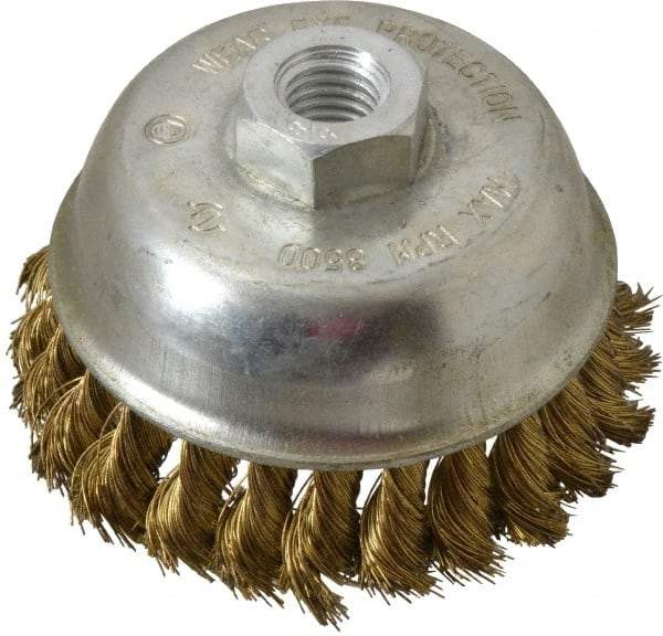 Value Collection - 4" Diam, 5/8-11 Threaded Arbor, Brass Fill Cup Brush - 0.014 Wire Diam, 7/8" Trim Length, 8,500 Max RPM - Americas Industrial Supply