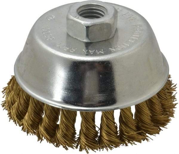 Value Collection - 4" Diam, 5/8-11 Threaded Arbor, Brass Fill Cup Brush - 0.02 Wire Diam, 7/8" Trim Length, 8,500 Max RPM - Americas Industrial Supply