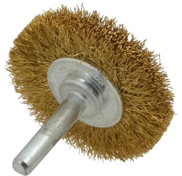 Value Collection - 2" OD, 1/4" Shank Diam, Crimped Brass Wheel Brush - 5/16" Face Width, 1/2" Trim Length, 0.008" Filament Diam, 20,000 RPM - Americas Industrial Supply