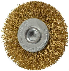 Value Collection - 2" OD, 1/4" Shank Diam, Crimped Brass Wheel Brush - 5/16" Face Width, 1/2" Trim Length, 0.014" Filament Diam, 20,000 RPM - Americas Industrial Supply