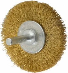 Value Collection - 2-1/2" OD, 1/4" Shank Diam, Crimped Brass Wheel Brush - 3/8" Face Width, 1/2" Trim Length, 0.008" Filament Diam, 20,000 RPM - Americas Industrial Supply