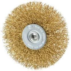 Value Collection - 3" OD, 1/4" Shank Diam, Crimped Brass Wheel Brush - 3/8" Face Width, 7/8" Trim Length, 0.014" Filament Diam, 20,000 RPM - Americas Industrial Supply