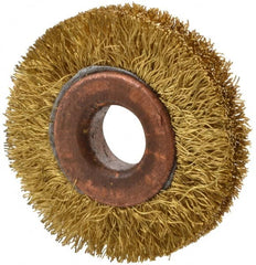 Value Collection - 1-1/2" OD, 3/8" Arbor Hole, Crimped Brass Wheel Brush - 5/16" Face Width, 3/8" Trim Length, 0.008" Filament Diam, 20,000 RPM - Americas Industrial Supply