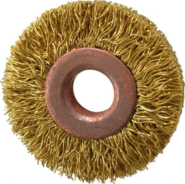 Value Collection - 1-1/2" OD, 3/8" Arbor Hole, Crimped Brass Wheel Brush - 5/16" Face Width, 3/8" Trim Length, 0.014" Filament Diam, 20,000 RPM - Americas Industrial Supply