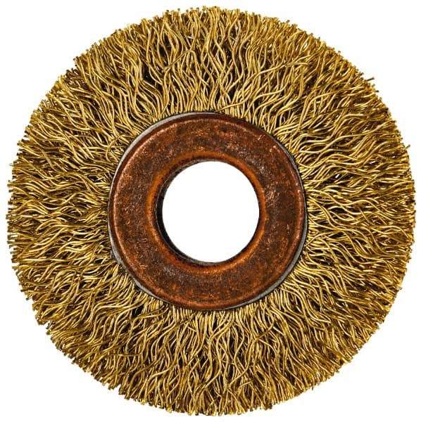 Value Collection - 2" OD, 1/2" Arbor Hole, Crimped Brass Wheel Brush - 5/16" Face Width, 3/8" Trim Length, 0.014" Filament Diam, 20,000 RPM - Americas Industrial Supply