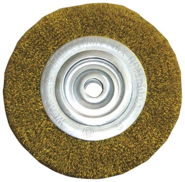 Value Collection - 4" OD, 5/8" Arbor Hole, Crimped Brass Wheel Brush - 1/2" Face Width, 5/8" Trim Length, 0.012" Filament Diam, 6,000 RPM - Americas Industrial Supply