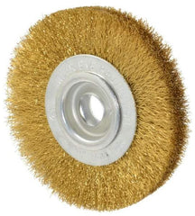 Value Collection - 4" OD, 5/8" Arbor Hole, Crimped Brass Wheel Brush - 1/2" Face Width, 5/8" Trim Length, 0.008" Filament Diam, 6,000 RPM - Americas Industrial Supply