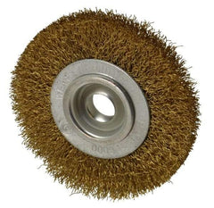 Value Collection - 4" OD, 5/8" Arbor Hole, Crimped Brass Wheel Brush - 1/2" Face Width, 5/8" Trim Length, 0.014" Filament Diam, 6,000 RPM - Americas Industrial Supply