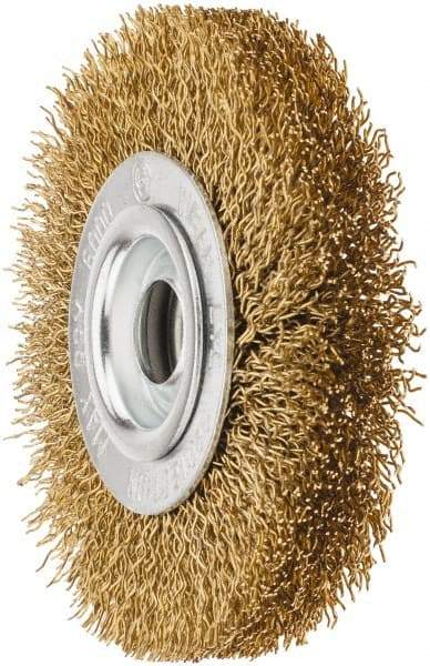 Value Collection - 4" OD, 5/8" Arbor Hole, Crimped Brass Wheel Brush - 1/2" Face Width, 5/8" Trim Length, 0.02" Filament Diam, 6,000 RPM - Americas Industrial Supply