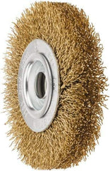 Value Collection - 4" OD, 5/8" Arbor Hole, Crimped Brass Wheel Brush - 1/2" Face Width, 5/8" Trim Length, 0.02" Filament Diam, 6,000 RPM - Americas Industrial Supply