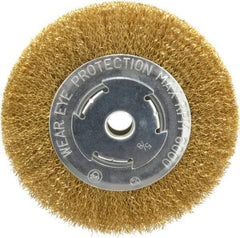 Value Collection - 6" OD, 5/8" Arbor Hole, Crimped Brass Wheel Brush - 1/2" Face Width, 1-1/8" Trim Length, 0.014" Filament Diam, 6,000 RPM - Americas Industrial Supply