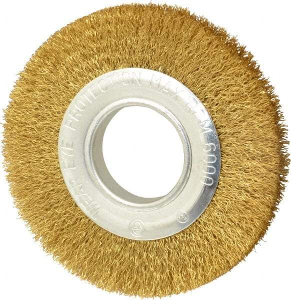 Value Collection - 6" OD, 1/4" Arbor Hole, Crimped Brass Wheel Brush - 7/8" Face Width, 1-1/8" Trim Length, 0.012" Filament Diam, 6,000 RPM - Americas Industrial Supply