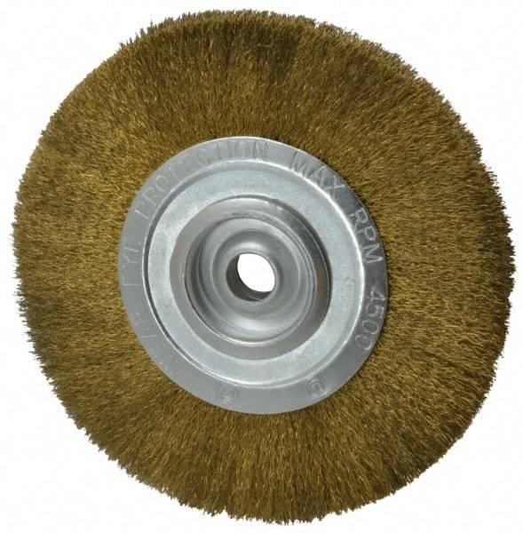 Value Collection - 8" OD, 3/4" Arbor Hole, Crimped Brass Wheel Brush - 1/2" Face Width, 1-3/4" Trim Length, 0.008" Filament Diam, 4,500 RPM - Americas Industrial Supply