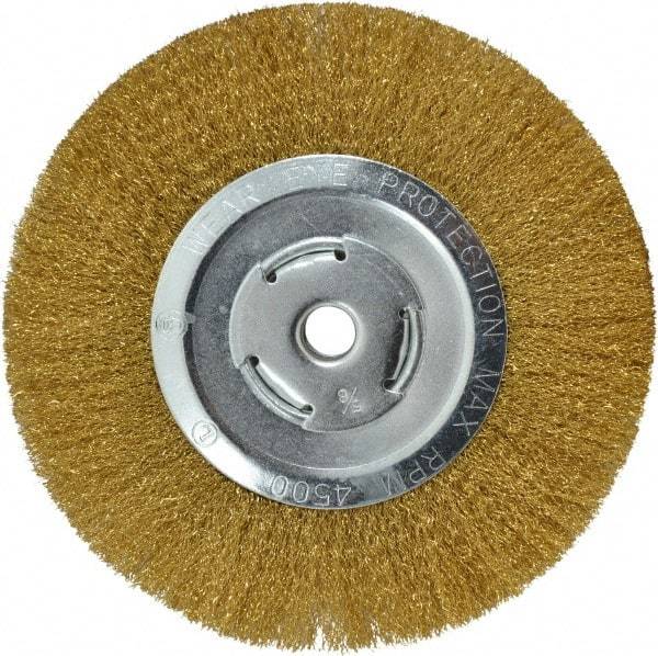 Value Collection - 8" OD, 5/8" Arbor Hole, Crimped Brass Wheel Brush - 1/2" Face Width, 1-3/4" Trim Length, 0.008" Filament Diam, 4,500 RPM - Americas Industrial Supply