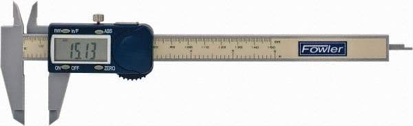 Fowler - 0 to 150mm Range, 0.01mm Resolution, Electronic Caliper - Polycarbonate with 1.56" Polycarbonate Jaws, 0.2mm Accuracy - Americas Industrial Supply
