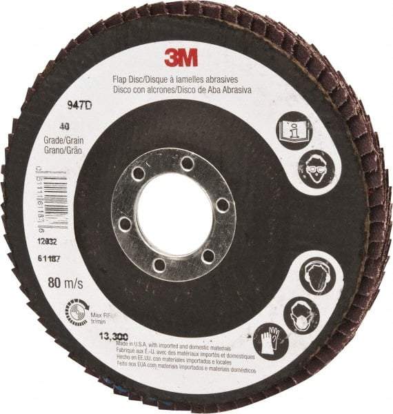3M - 40 Grit, 4-1/2" Disc Diam, 7/8" Center Hole, Type 27 Ceramic Flap Disc - 13,300 Max RPM, Cloth Backing, Arbor Attaching System, Coated - Americas Industrial Supply